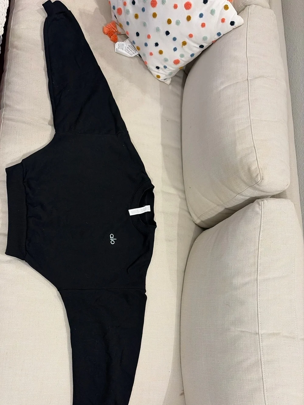 ALO Yoga Black Cropped Crewneck Sweatshirt with Small White Logo